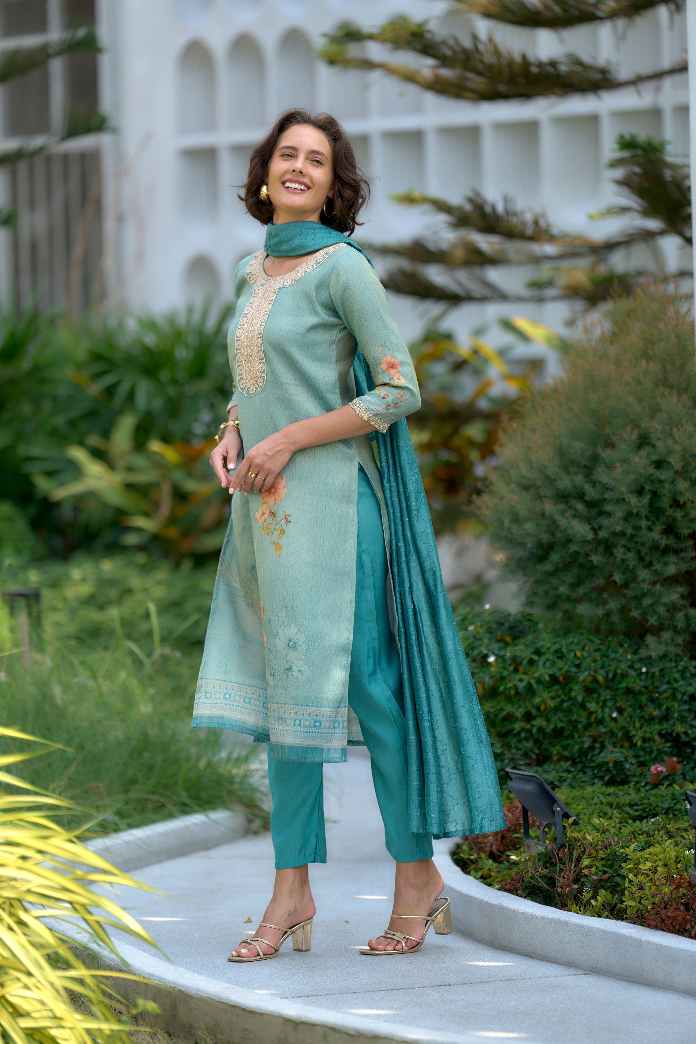 Sea green Floral Tissue Kurti Set with 3/4 Sleeves and Viscose Pocket Pant with Dupatta